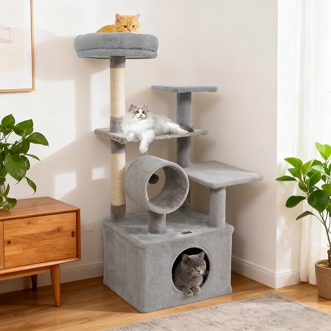 Multi-Level Cat Tree Tower, 48 Inches Tall with Sisal Scratching Posts, Condo, Tunnel with Dangling Ball Inside, Padded Top Perch, Multiple Jumping Platforms, Ideal for Indoor Cats (Grey)