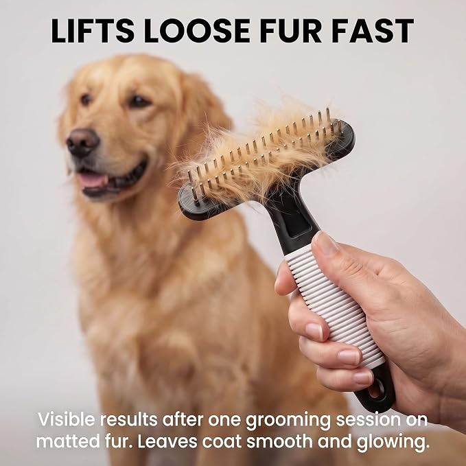POODLIE Poodle Pet Dog Grooming Rake | Dematting Tool with Stainless Steel Shedding Comb for Pets | 2 Rows of Pins Gently Remove Loose or Tangled Hair from Undercoat (Black)