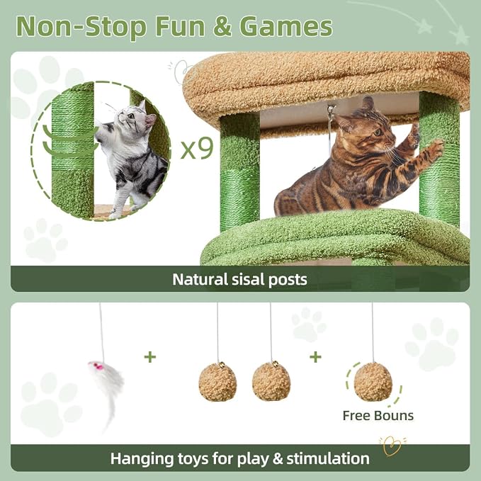 Taoqimiao Heavy-Duty Cat Tree, 71 in Cat Tower for Large Cats 20lbs+ | 3 Giant Multi-Tier Perches, Widened Cat Condo with 9 Scratching Posts, Plush Hammock & Basket, Toys, Cactus, MS034T