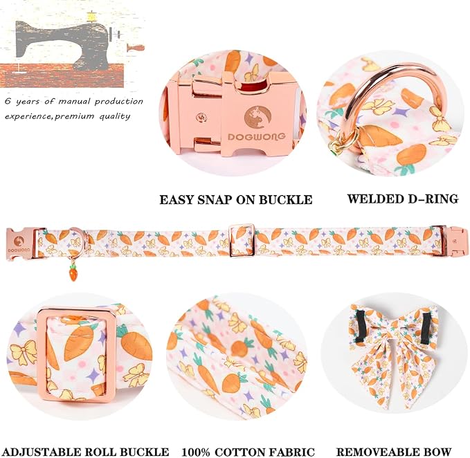 DOGWONG Easer Dog Collar with Sailor Bow,Pink Easter Dog Collar, Adjustable Durable Soft Carrot Easter Dog Collars for Male Female Puppy,S