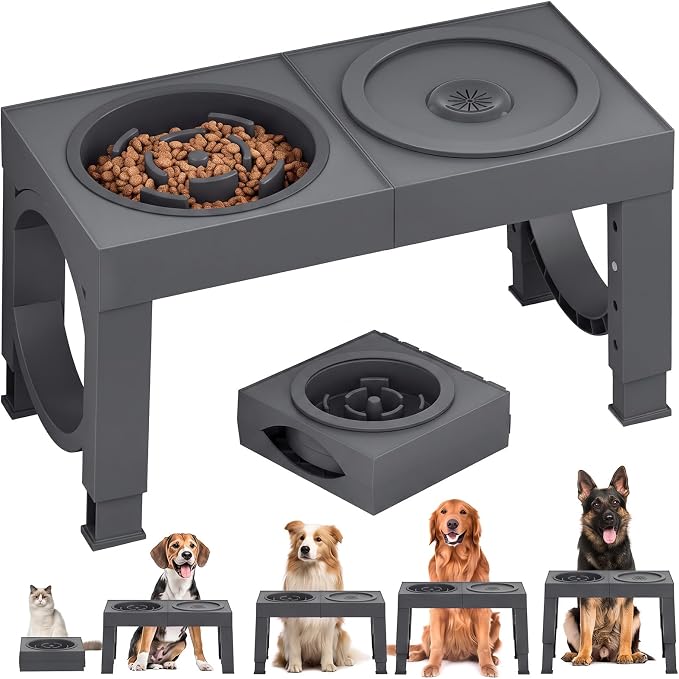 XIAZ Elevated Dog Bowls Large Breed Raised Dogs Bowl Stand Large/Medium Sized Dog Slow Feeder Dogs Bowls Food Water Stands 5 Heights Adjustable 9/11/12/14in Pet Feeder Dish Station