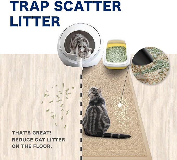 Cat Litter Box Mat, Kitty Premium PVC Pad, Durable Trapping Rug, Phthalate Free, Urine-Resistant, Scatter Control, L 35 x 23 Inch, Beige