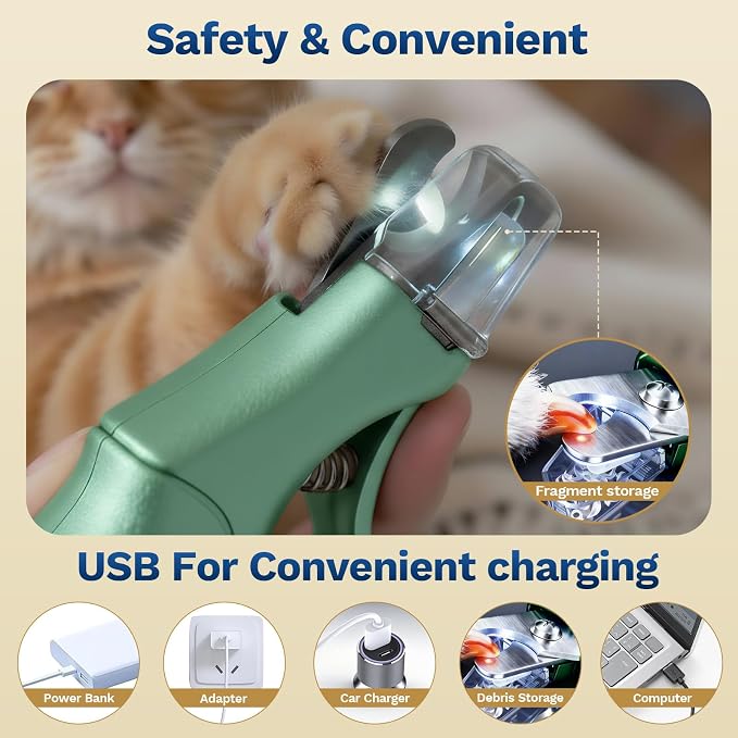 2-in-1 Dog & Cat Nail Clipper with Grinder, LED Light Rechargeable Grooming | Catpick care Type-c Cordless Nail Cutter, Safety Lock & Catcher, Stainless Blade Trimmer for Small Medium Large Pets, Green
