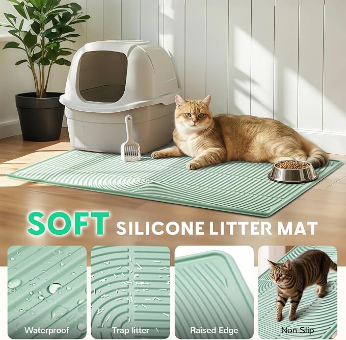 Pawtasy Cat Litter Mat,40" x 28" Extra Large Silicone Waterproof Litter Trapping Mat for Scatter Control Soft on Kitty Paws Non-Slip Easy to Clean