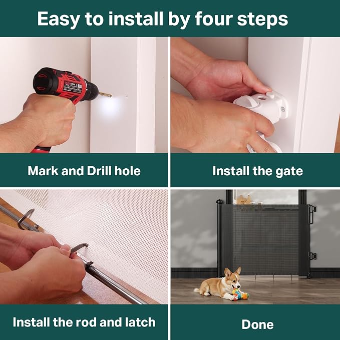 Cumbor 37-55" Retractable Baby Gates for Stairs & Doorways, Hardware Mounted Mesh Dog & Pet Gate, Easy Walk Through, One-Hand Operation, Anti-Crawl Adjustable Safety Gate for Dog, Indoor Outdoor Black
