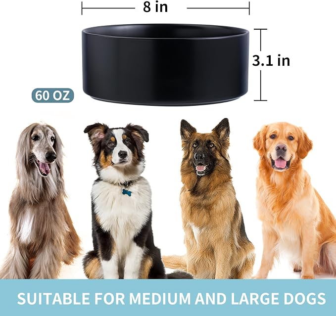 Black Raised/Elevated Ceramic Dog Bowl for Medium Large Sized Breeds,Large Dog Food Water Bowl with Stand,8 in Non Slip Heavy Weighted 1800ml/ 7.6 Cups/60 OZ