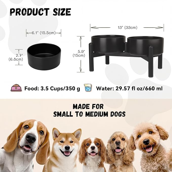 Raised Ceramic Dog Bowl Set - Elevated Double Dishes with Stainless Steel Stand - Food and Water Bowls for Small to Medium Dogs - Each Holds 3.5 Cups (29.57 fl oz) - Black