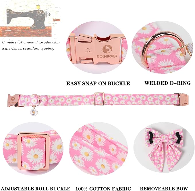 DOGWONG Spring Dog Collar with Sailor Bow, Soft Comfortable Adjustable Cute Pink Daisy Collar Flower Dog Collars for Small Dogs, M