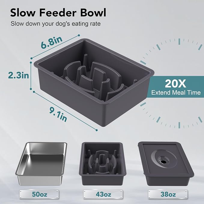 UPSKY 3-in-1 Elevated Dog Bowls Set with 4 Height Adjustable Stand, Gray | 304 Stainless Steel Bowl, No Spill Water Bowl, Slow Food Bowl, Anti-Slip, Dishwasher Safe, Suitable for Small Medium Dogs