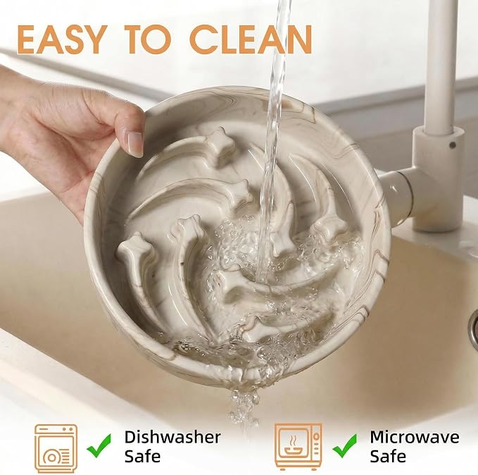 Stoneware Slow Feeder Dog Bowls Large Breed, 2 Cups Slow Eating Dog Bowl with Marble Pattern Design, Weighted Anti Gulping Food Bowl, Non Slip Puzzle Maze Pet Dishes for Fast Eaters, 8.3 inch
