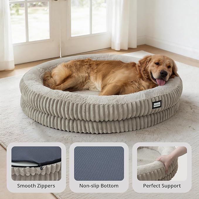 BALANCE Donut Dog Bed, 43 Inches Round Dog Bed Extra Large Size Dogs Washable, Orthopedic Calming Dogs Beds for Kitten, Fluffy Plush Faux Fur Pet Bed with Anti-Slip Bottom