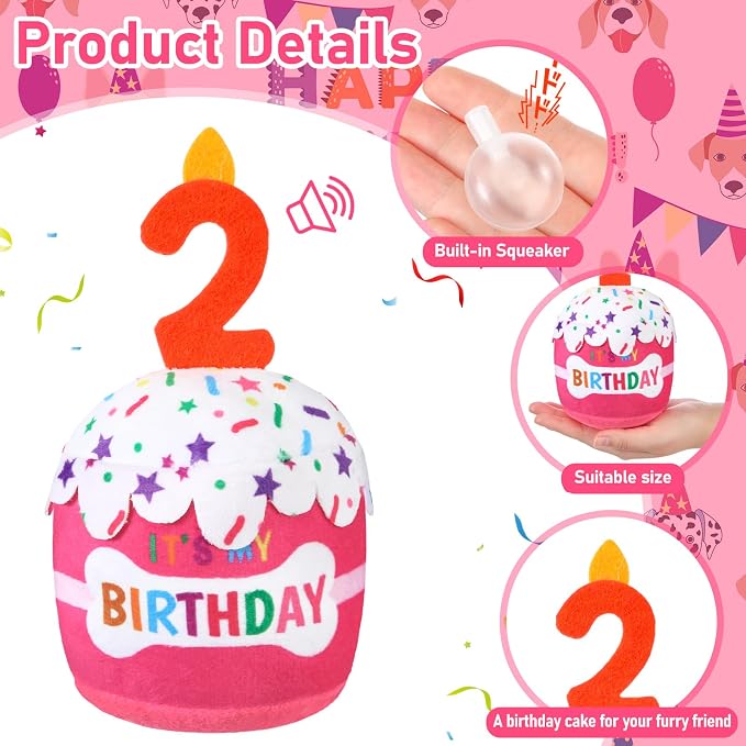 Dansydaisy Dog Birthday Cake Toy Squeaky Plush Toy for Girl Boy Gifts, Chew Accessories for Dog Birthday Party Decor Favor for Large, Medium and Small Dogs(2nd,Pink)