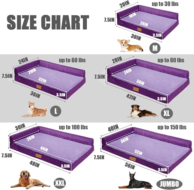 Patas Lague Orthopedic Medium Dog Bed Washable Pet Sofa Bed 30''X20''Purple | 2-Sided Bolster Egg-Crate Foam Dog Couch Medium Size Dogs, Waterproof Removable Washable Cover, Nonskid Bottom Pet Crate Mat