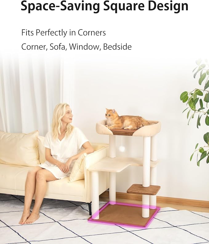Cat Tree for Large Cats Modern Senior Friendly Wide Shelves 37.4'' | Wide shelves, cotton scratching posts, super sturdy base, cozy perch, interactive toys, luxury fabric
