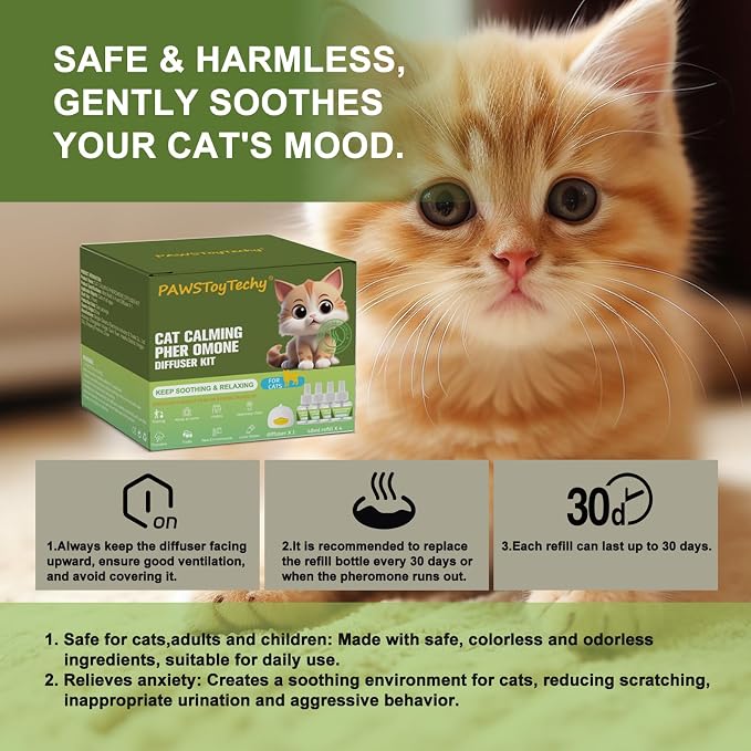 Cat Calming Diffuser Kit: 1 Diffuser + 4 Refills (120-Day Supply) - Professional Cat Pheromones Calming Diffuser for Anxiety Relief - Helps Reduce Scratching, Meowing & Urine Marking (L2)