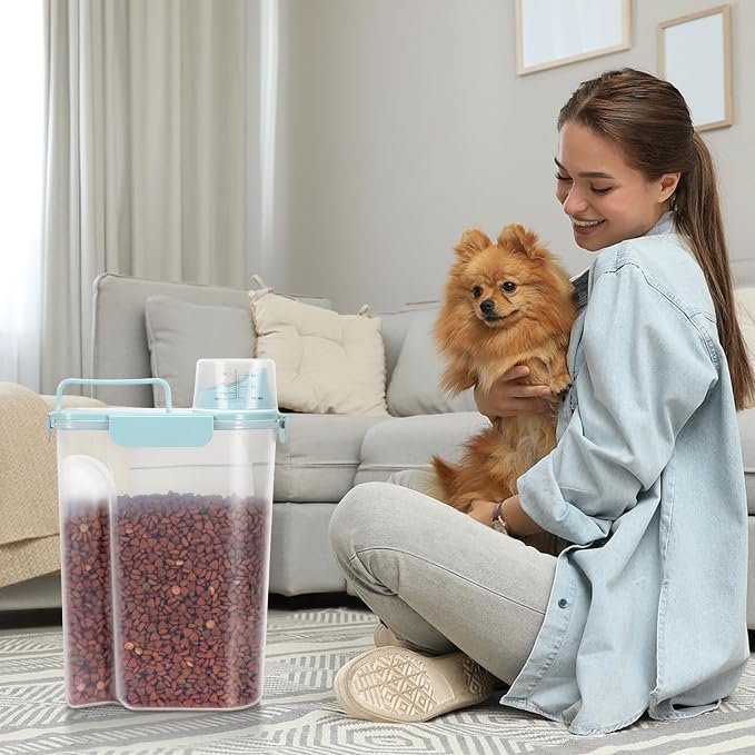 5-7Lbs Airtight Cat Dog Food Storage Container Portable with Upgraded Large Spout and Cup, Plastic Pet Dispenser for Small Animal Kibble, Bird Seed, Oatmeal, Rice, Flour, Brown Sugart-Sky Blue