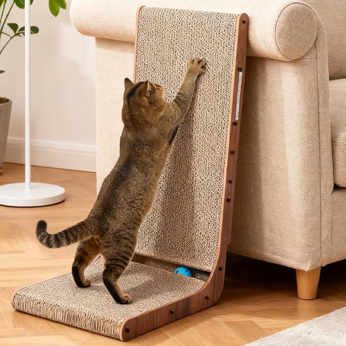 Cat Scratcher with Cat Toys Ball Track, Build-in Ball, L-Shaped Scratcher, Cardboard Lounge Bed, Stable and Durable, Furniture Protector, Reversible
