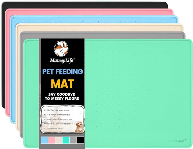 MateeyLife Dog & Cat Food Mat - Waterproof, Nonslip Dog Bowl Mats with Raised Edges, Silicone Matt Tray for Messy Drinkers, 22"x14", MintGreen