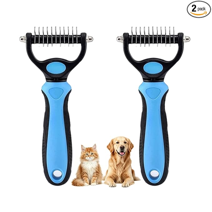 Dematting Comb for Dogs and Cats, Undercoat Rake Pet Brush for Long Hair, Deshedding Dog Brush Removes Tangles Knots and Loose Fur, Grooming Tool for Thick Coats (Blue M*2)