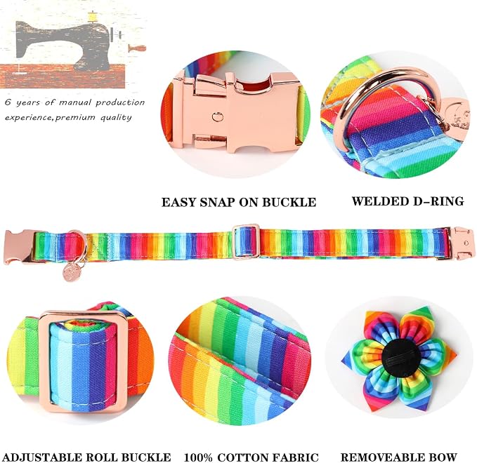DOGWONG Cotton Pride Dog Collar, Rainbow LGBTQ Dog Collar Puppy Pet Collar for Small Medium Large Dog