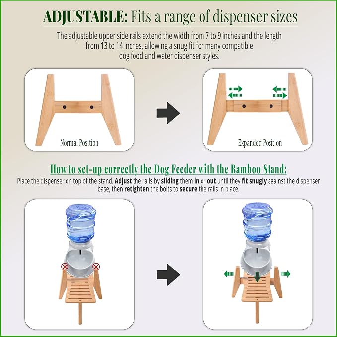 Dog Water and Food Dispenser Stand for Medium Dogs - Adjustable, Bamboo | Use to Elevate, Raise, Hold Gravity or Automatic Food Feeders and Water Bowl Dispensers - Medium