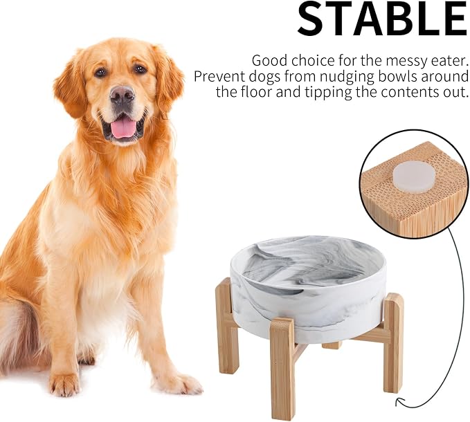 Raised/Elevated Ceramic Dog Bowl for Medium Large Sized Breeds,Large Dog Food Water Bowl with Stand,8 in Non Slip Heavy Weighted 1800ml/ 7.6 Cups/60 OZ Marble Grey