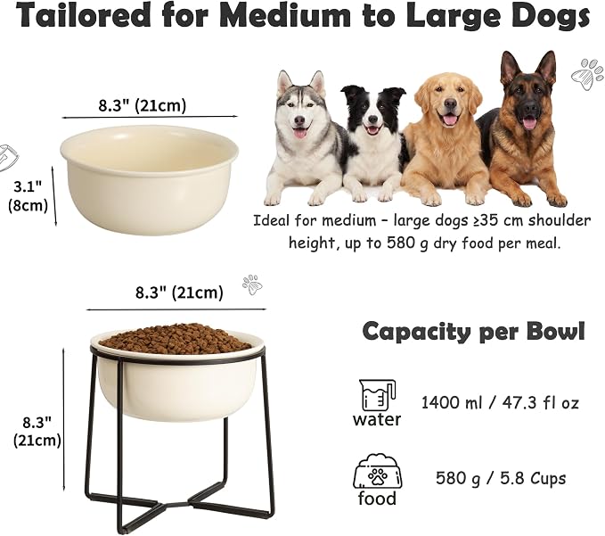 Ceramic Elevated Dog Food Bowl - Heavyweight Feeding Bowl with Metal Stand - Raised Pet Dish for Medium and Larges Dogs - 5.8 Cups - 47.3 oz - Beige