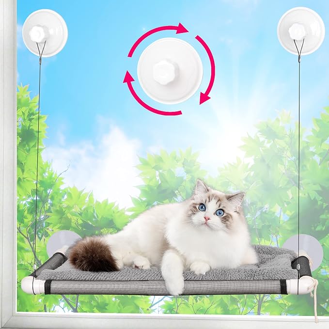Cat Window Perch, Cat Hammock w/Fleece Blanket, Screw Suction Cups, Grey | Window Bed Holds 2 Large Cats, Sturdy Resting Seat Indoor with One Extra Suction Cup