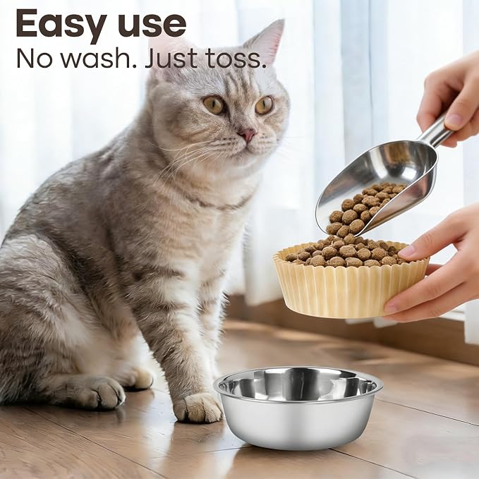 Bulk Disposable Cat Bowls Set (600 Pcs Cat Food Bowl Liners + 4 Pcs Stainless Steel Pet Bowls) Small Paper Bowls for Puppies, Kittens, Small Dogs and Cats, Ideal for Dry and Wet Food (Khaki, Classic)