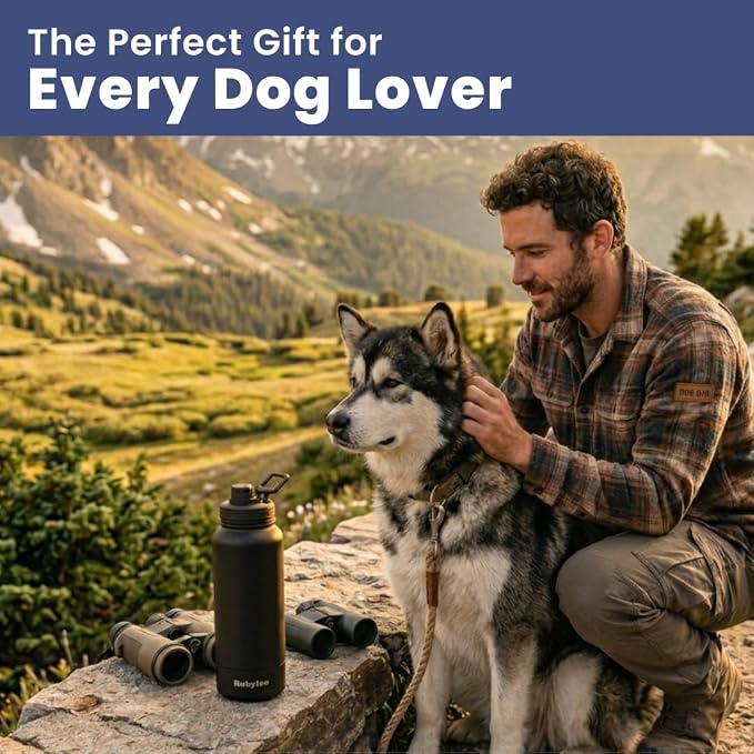 Dog Water Bottle for Dog Lovers - 32 oz Stainless Steel Double Wall Insulated Water Bottle with 8 oz Detachable Bowl on Bottom for Doggy Mom & Dad for Hiking, Walks, Travel - Black