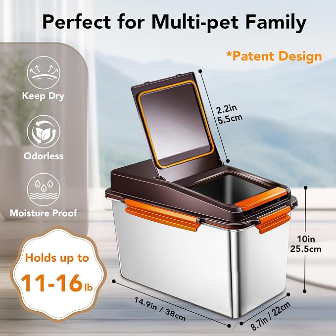 Newget 11 lb Stainless Steel Dog Food Storage Container with Scoop, Brown | Keep Food Fresh, Sturdy, Airtight, Rust-Proof, Insect-Proof, Moisture-Proof, Easy to Use, Suitable for Store All Pet Food