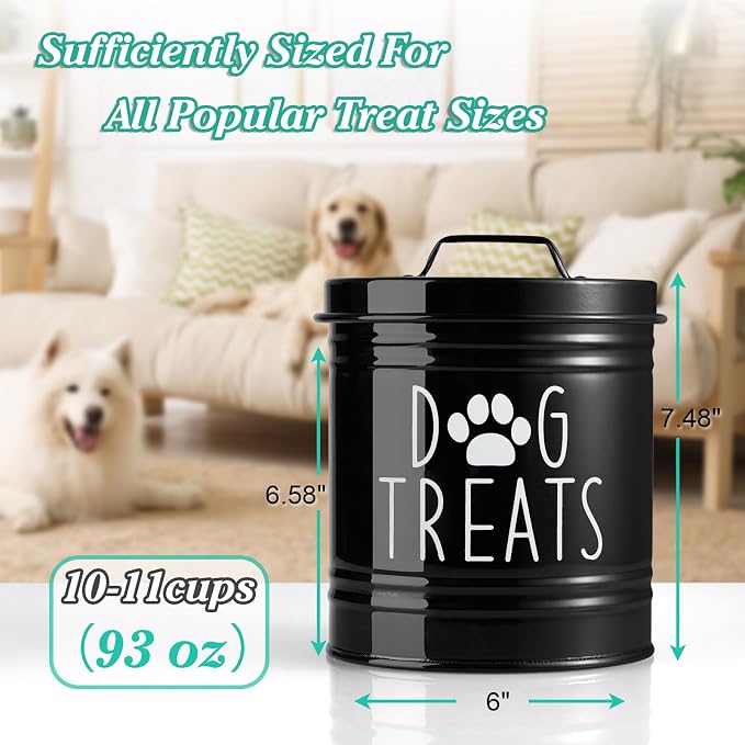 OUTNILI Large Dog Treat Container Airtight - 6.6" Tall X 6" Round Black Dog Treat Jar for Kitchen Counter - Rustic Treat Storage Canister for Dogs, Cats, Small Animals