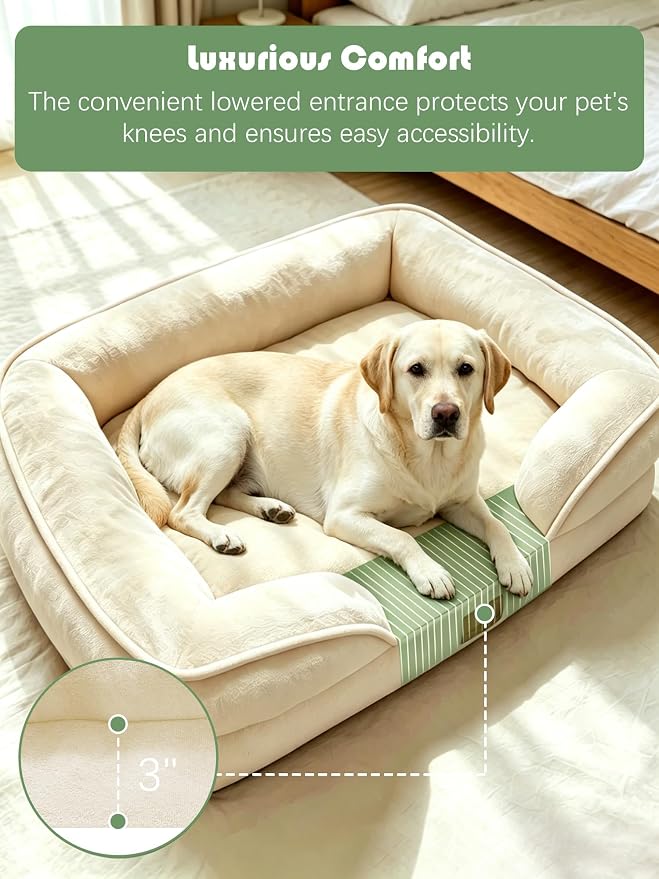 Spotted Play Orthopedic Dog Bed with Sides - Sofa Beds for Extra Large Dogs, Supportive Foam Pet Couch Bed with Washable Removable Cover, Waterproof Lining and Non-Slip Bottom, Ivory - XL