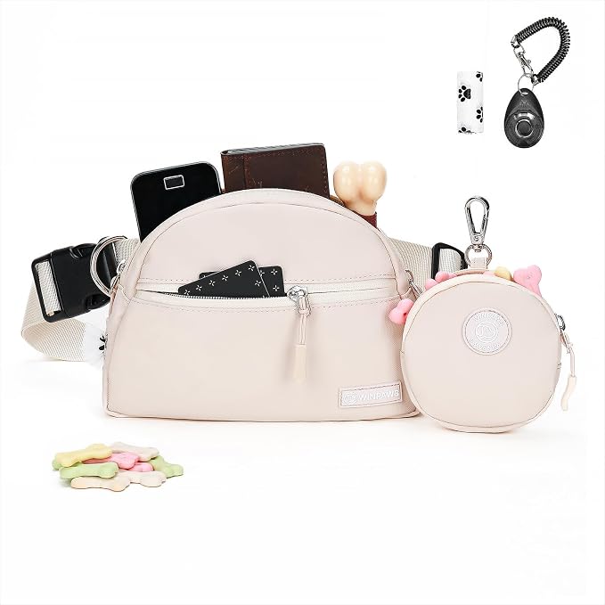 Dog Treat Pouch Pet Training Walking Fanny Pack with Built-in Poop Bag Dispenser & Waste Bag Holder | Stylish Puppy Training Essentials Supplies | Free Dog Clicker (Cream)