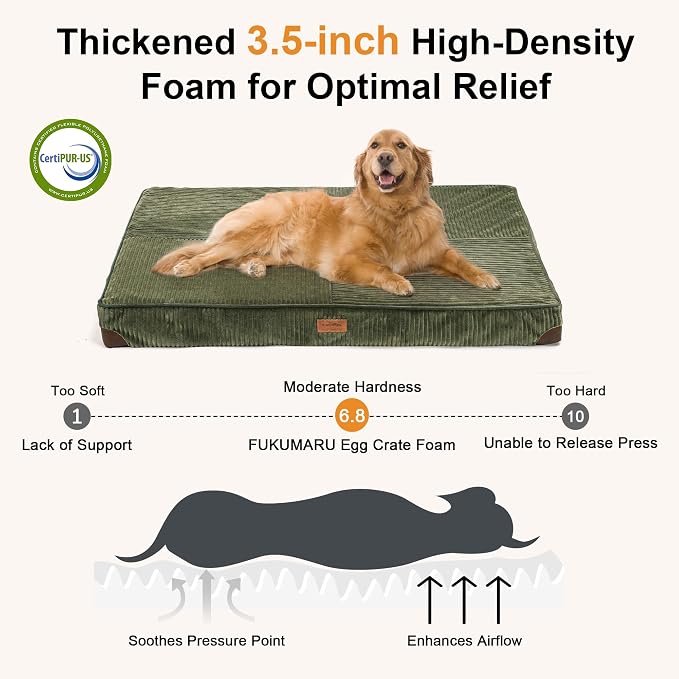 FUKUMARU X-Large Dog Bed, Thickened Waterproof Dog Mat with Washable Cover | 4" Extra Thick Egg Crate Foam Pet Mat, Corduroy Orthopedic Dog Bed for Crate, Flat Dog Pad with Anti-Slip Bottom