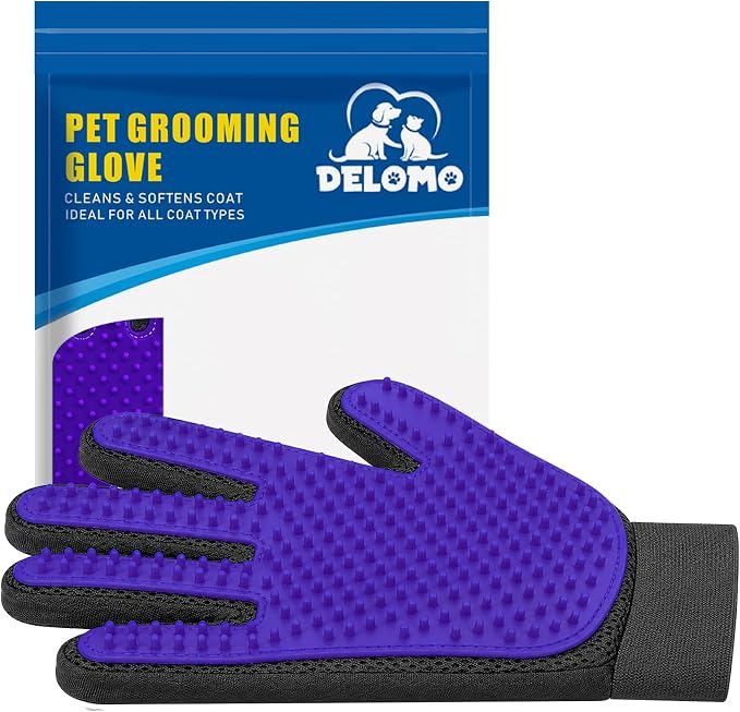 Pet Hair Removal Glove with 255 Silicone Tips for Dogs & Cats, Right Purple | 2-in-1 Deshedding & Massage Mitt, 5-Finger Flexible Design, for Bathing & Grooming, Safe for Long/Short/Curly Hair Pets