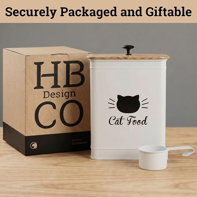 Metal Cat Food Container with Scoop 5-7 lb (25 Cup), w/ Airtight Bamboo Lid | Cat Kibble Canister with Metal Scoop, 25 Cups, Chew Proof Iron Body, Powder Coated, Airtight Bamboo Lid, Sturdy Metal Handle