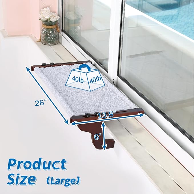 Zakkart Easy Seat Cat Perch for Windowsill (Dark Stained Wood/Gray, L) | Hook-On Windowsill Mount, Clean Hammock Design, Premium Wood & Robust Metal Frame, Machine Washable Bed, 26"W x 14"D