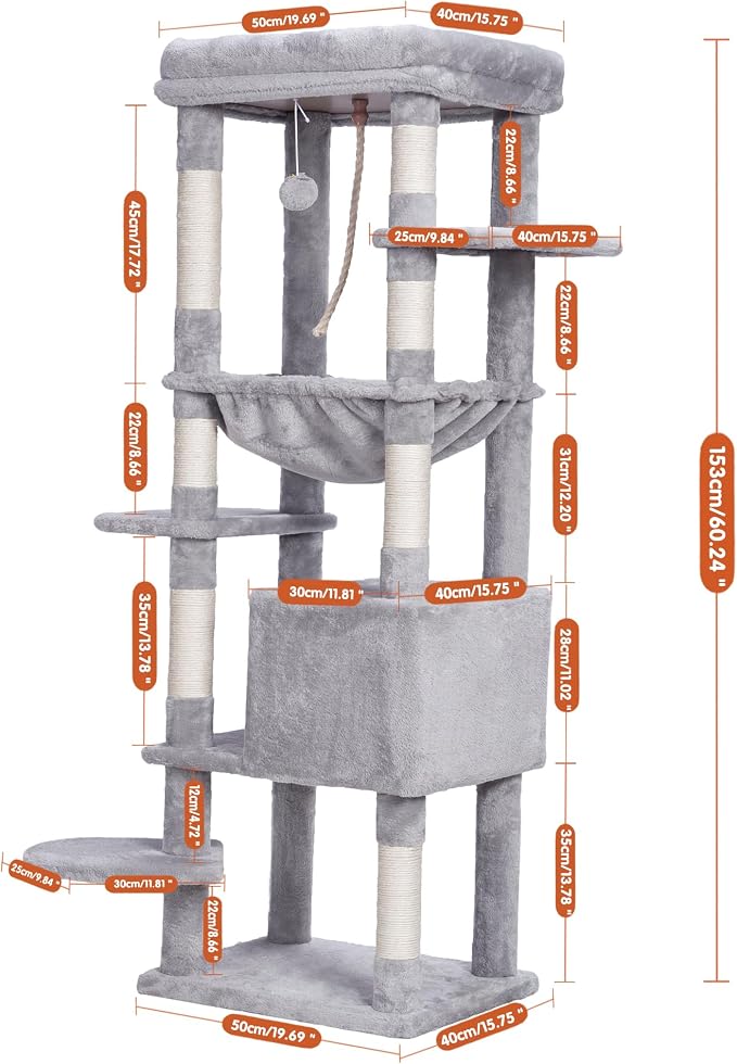 Heybly Cat Tree for Large Cats, 20lbs Heavy Duty, 60 inches HCT050W | Cat Tower for Indoor Cats with Big Padded Plush Perch, Multi-Level Furniture Condo with Cozy Basket, Light Gray
