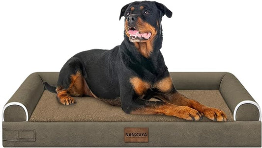 NANUYA Orthopedic Dog Bed for XX-Large Dogs, 44 x 34 Inch, Brown | Egg crate foam for joint support, 3-sided bolster pet sofa, waterproof lining, washable cover, and non-skid base