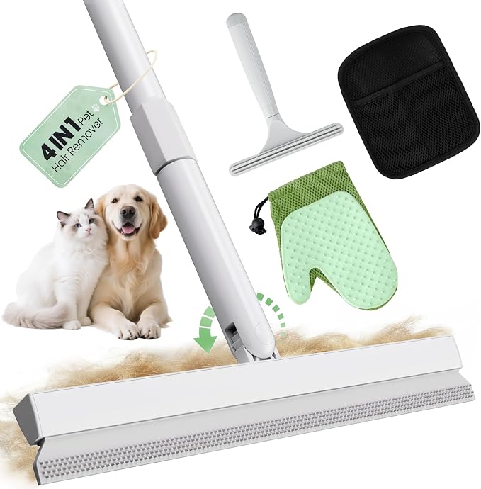 Carpet Rake for Pet Hair Removal Tool - 4 in 1 Pet Hair Remover Kit for Dog Cat Fur Remover, Contain 60" Adjustable Rubber Broom, Glove, Magic Brush and Scraper for Furniture (Gray)