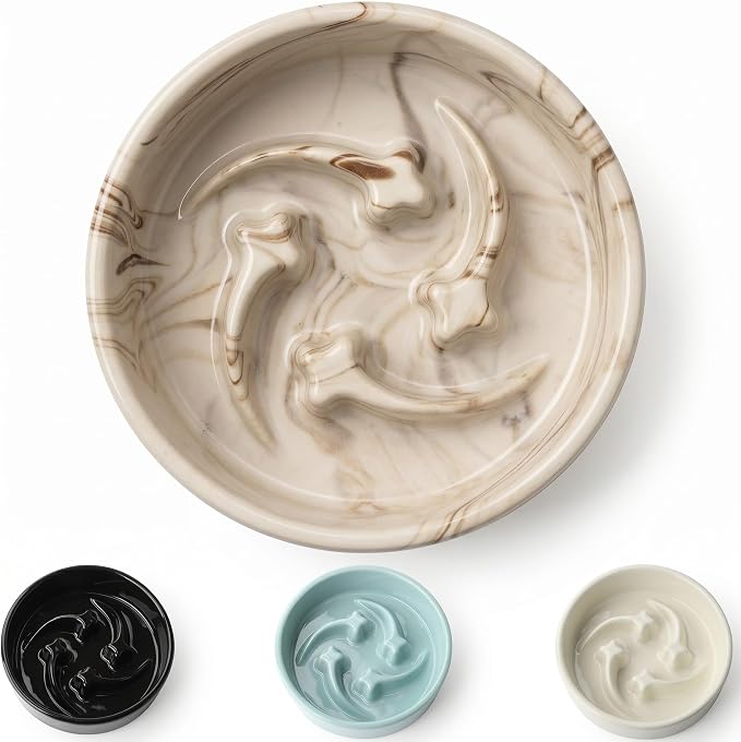 Stoneware Slow Feeder Dog Bowls Small Breed, 0.6 Cups Slow Eating Dog Bowl with Marble Pattern Design, Weighted Anti Gulping Food Bowl, Non Slip Puzzle Maze Pet Dishes for Fast Eaters, 6 inch