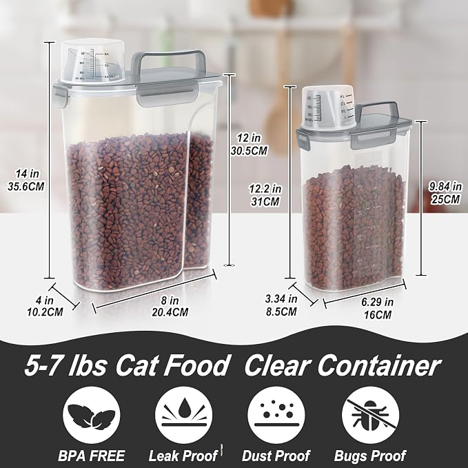 LEAWALK 3+5LBS 2Pack Cat Dog Food Storage Container Upgraded Large Nozzle BPA-free, Plastic Pet Food Containers, With 4 Sealed Clasps/1 Measuring Cup/Handle Easy Clean and Carry (Clear Grey)