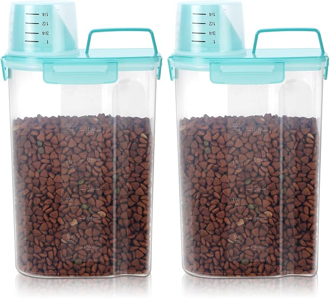 LEAWALK Airtight Small Cat Dog Pet Food Storage Containers BPA Free, with Large Pour Spout/1 Measuring Cup/ 4 Safety Locks and Double-layer Silicone Strip (Clear Blue x 2, 3L-2pack)