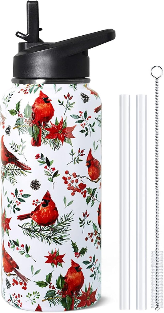 32oz Christmas Red Cardinal Insulated Aater Water Bottle with Straw Gym Hiking Sports Coffee Mug Cup,Christmas Gifts for Women,Christmas Decor Stuff Accessories