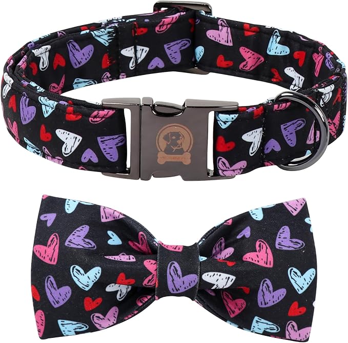 Valentines' Black Dog Collar with Bowtie, Cute Red Heart Pattern Durable Pet Collar with Metal Buckle, Adjustable Puppy Collar for Small Medium Large Dog