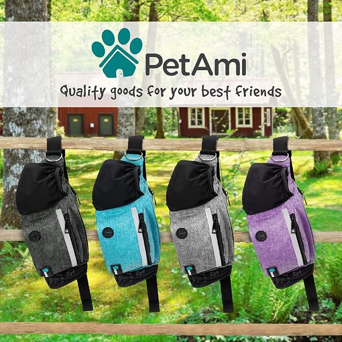 PetAmi Dog Fanny Pack, Treat Pouch for Dog Walking Training, Purple | Built in Poop Bag Dispenser, Water Bottle Holder, Collapsible Bowl, Pet Treat Waist Belt for Hiking Running Kibbles