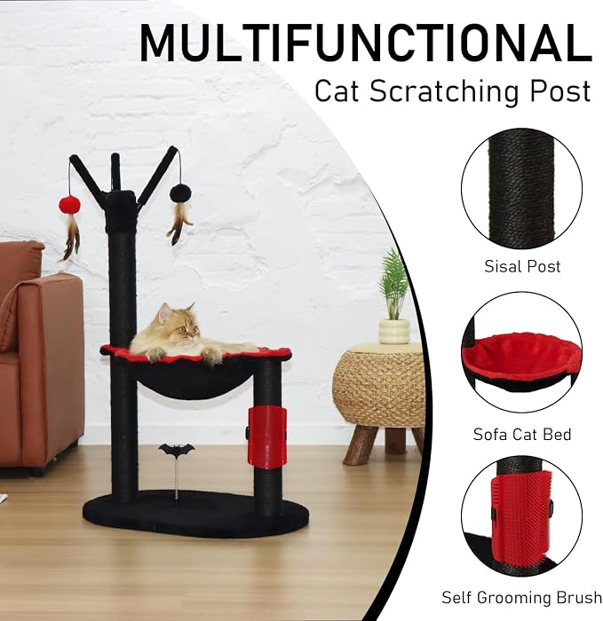 MECOOL Cat Tree Tower 37" Tall Scratching Post with Large Hammcok for Indoor Cats,Self-Massage Bursh Hanging Ball Toys,Black
