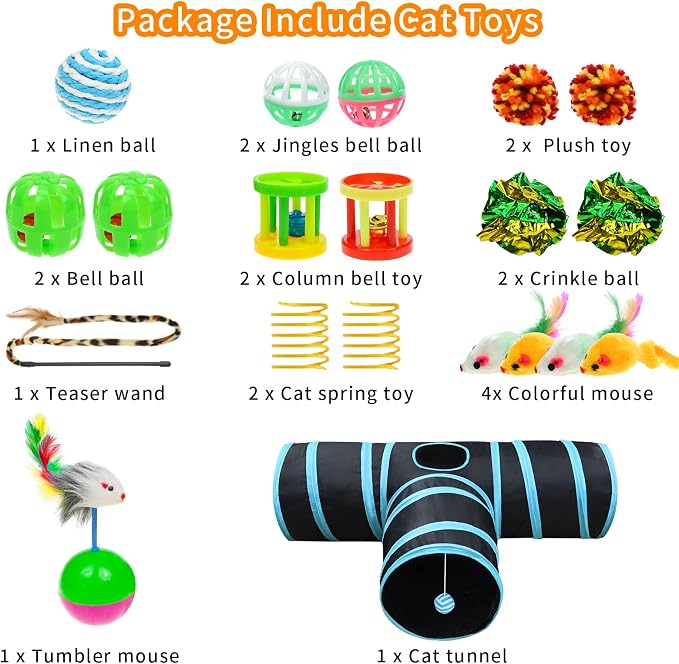 Malier Collapsible Cat Tunnels & Toys Set, Interactive Kitty Toys - Kitten & Cat - Feathers, Mouse, Crinkle Balls, 3-Way Tube Tunnel for Indoor Play