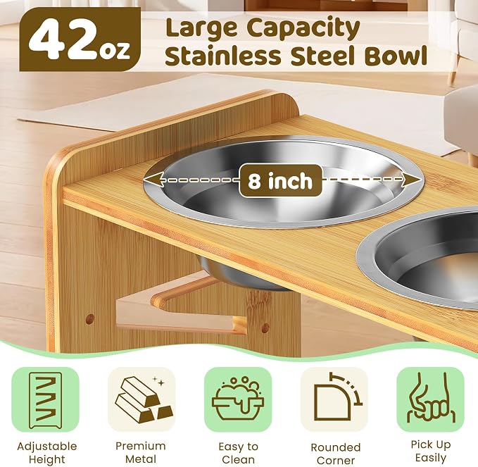 Elevated Dog Bowls, Adjustable Raised Dog Bowl Stand for Large and Medium Pet, 15" High Bamboo Pet Food Feeder with 2 Stainless Steel Dishes（6 Heights）